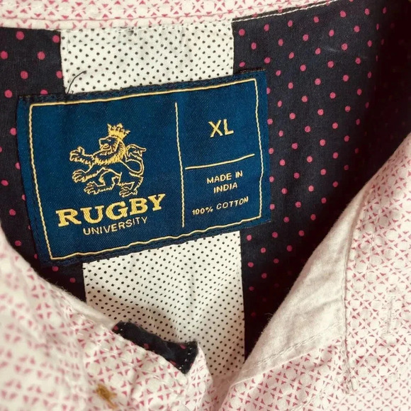 Rugby University Men's Pink & White Geometric Short Sleeve Button Down Shirt - Picture 3 of 10
